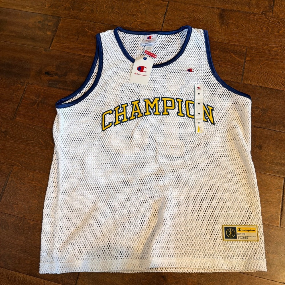 Champion Mens Mesh Basketball Jersey White Navy Yellow Tank Top Medium